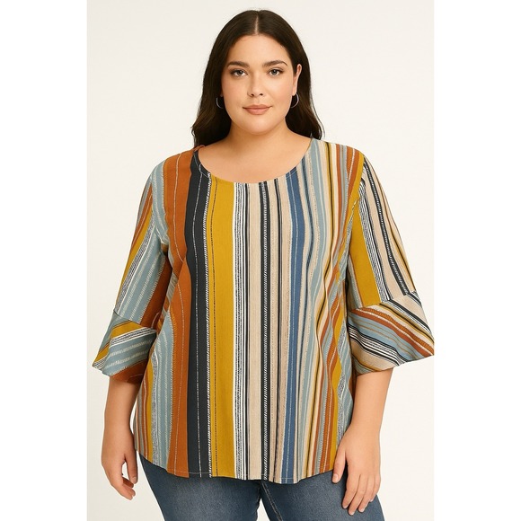 Ellen Weaver Tops - Ellen Weaver Plus Size 2X Boho Striped Blouse Multicolor Tunic Top Casual Chic